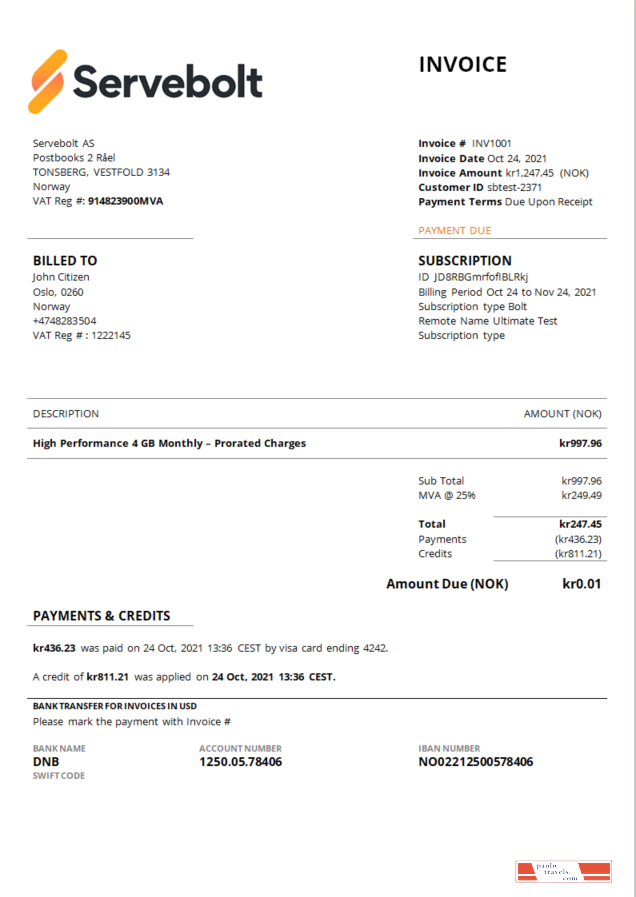 Norway Servebolt high performance hosting company invoice PSD template